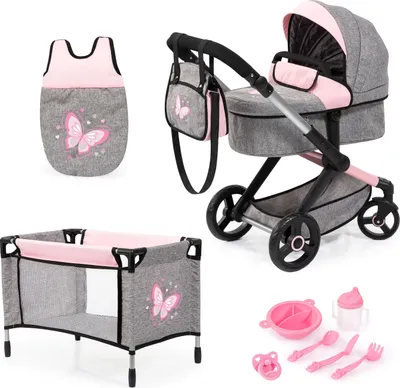 Produktbild von Bayer Design 17033AD Puppenwagen Xeo, verstellbarer Griff, Schwenkschieber, wandelbar als Jogger, Schlafsack, Puppenbett, Zubehör