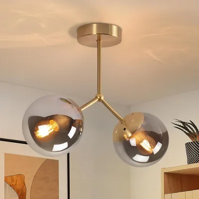 Image de ZMH plafonnier verre plafonnier couloir vintage E27 plafond en or verre sphérique éclairage plafond 2 flammes industriel lampe de couloir métal Sans ampoules