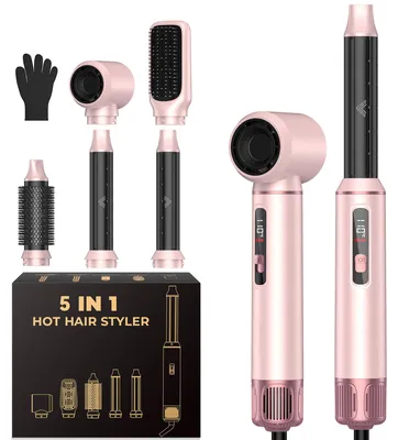 Produktbild von UKLISS 5-in-1-Haarstyler, 1000 W, mit Rundbürste, Luftlockenstab, Glättbürste, LCD-Display, Rosa