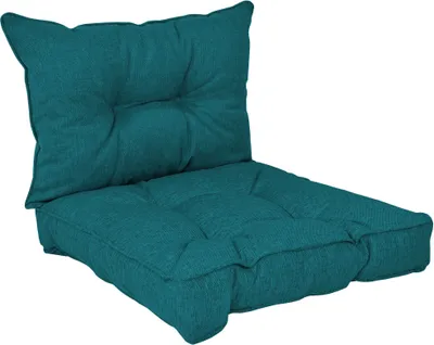 A teal colored chair cushion set.