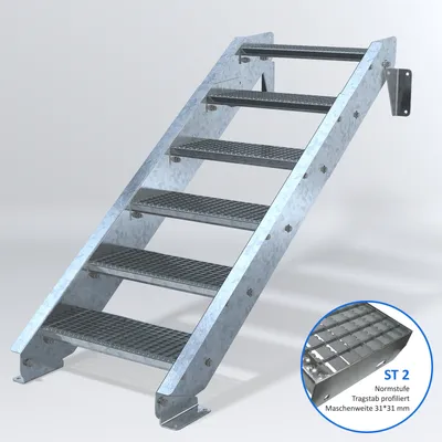 Produktbild von Stahltreppe 6 Stufen bis Höhe 120 cm, Laufbreite : 60 cm kein Geländer ST 2 (31 / 31 mm gezackt)