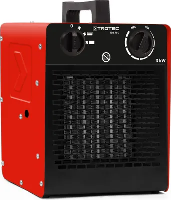 A red and black TROTEC ceramic fan heater is shown from a front-facing angle against a white background.
