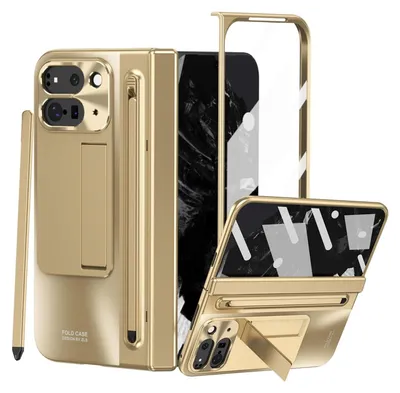 Produktbild von Handyhülle für Google Pixel 9 Pro Fold mit S Pen und Stiftablage, Displayschutzfolie, Scharnierschutz, Stoßfest Ständer Schutzhülle Gold