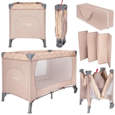 A collage of images showing a beige travel crib in various states: assembled, folded, and with its carrying bag and folded mattress.