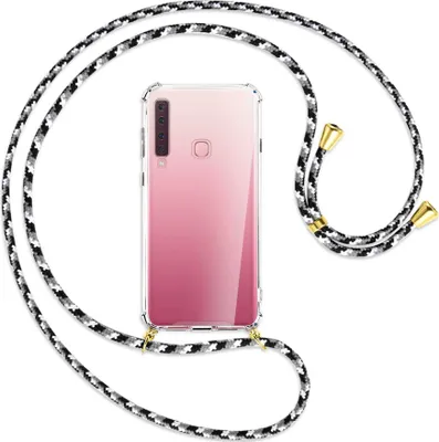 Produktbild von Handykette Backcover-Schutzhülle mit Band (Metall goldfarben) für Samsung Galaxy A9 2018 - schwarz/grau/weiß