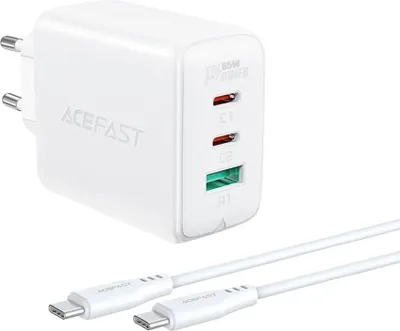 Produktbild von Acefast 2in1 Wandladegerät 2x USB-C/ 1x USB-A, 65 W, PD, QC 3.0, AFC, FCP + USB-C-Kabel, 1,2 m - Weiß