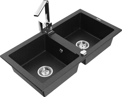 Produktbild von Mexen Mario 2-Becken-Granitspüle mit Mischbatterie Rita, Schwarz/Silbermetallic - 6504-73-670300-00
