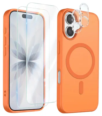 Image de Avizar, coque de protection MagSafe pour iPhone 17, avec 2 protections en verre trempé et 2 films protecteurs pour l'appareil photo, couleur orange