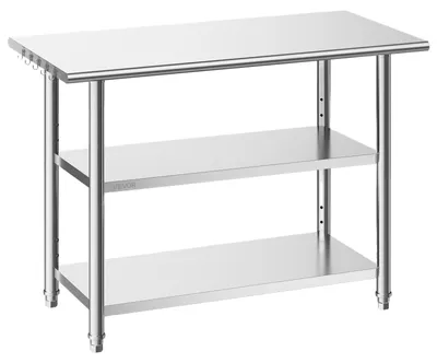 Image de Table de travail VEVOR pour la restauration, 1219 x 610 x 864 mm, table en acier inoxydable à 3 niveaux avec étagères réglables en hauteur. Capacité de charge : 245 kg pour le plateau supérieur et 204 kg pour chacune des 2 étagères inférieures. Table de préparation pour restaurant