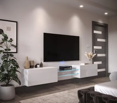 Immagine prodotto di Parete attrezzata Furnitech soggiorno | mobile soggiorno con LED blu | parete attrezzata moderna | parete attrezzata soggiorno con mensole e mobile TV (AN95-21W-HG2-1A)