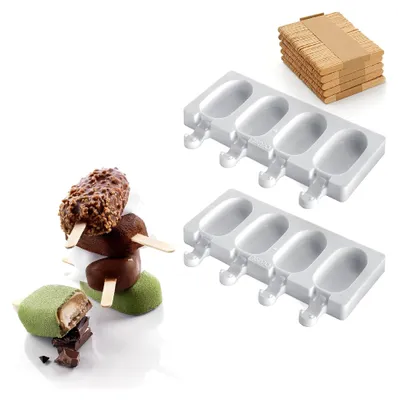 Produktbild von Silikon-Eisformen-Set MINI CLASSIC, antihaftbeschichtet, 4 Kavitäten, 2 Kuchenformen + 50 Holzstäbchen, Easy Ice Cream, 73 x 38 h 18 mm, hergestellt in Italien