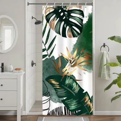 Produktbild von Grüner Duschvorhang, schimmelresistent, schmal, 90 x 180 cm, mit Dschungelpalmenblättern, tropischem Boho-Stil, waschbar, wasserdicht, Badezimmervorhang mit 9 Haken für das Badezimmer