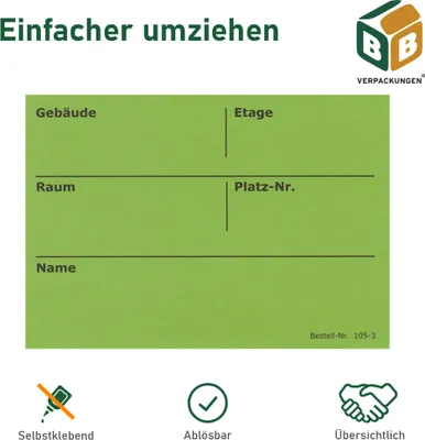 Produktbild von 500 x Umzugsetiketten (105 x 75 mm) grün selbstklebend Rückstandlos ablösbar Kartonaufkleber Sticker Umzugsaufkleber beschriften BB-Verpackungen