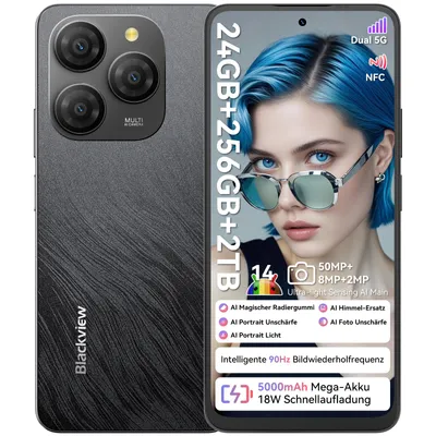 A smartphone is shown with marketing text and a model.