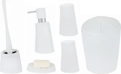Produktbild von Spirella Badezimmer Set, 6-teiliges Badzubehör Move Seifenspender, WC Bürste, Seifenschale, Kosmetikeimer und Zahnputzbecher Frosty Weiß