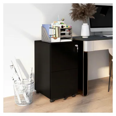 Produktbild von Rollcontainer Aktenschrank mit 2 Schubladen, abschließbarer Büroschrank mit Rollen, Bürocontainer für A4 Akten und Dokumente, Stahl, 37 x 43,5 x 67,5 cm, Schwarz