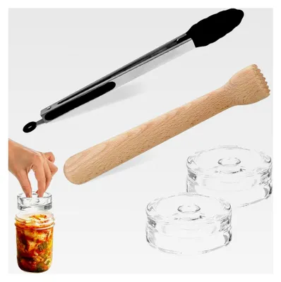 Produktbild von Fermentierset 4-teilig, 25 cm Holzstößel, 2× Glasgewichte (7 cm+), 19 cm Edelstahlzange, Zubehör für Fermentierglas – Starterset für die Küche