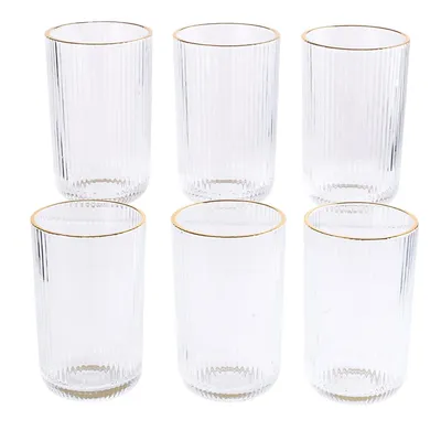 Produktbild von PRIMA DECO 6er Set Riffelgläser 400 ml mit Goldrand – hohe Trinkgläser aus Glas, spülmaschinengeeignet