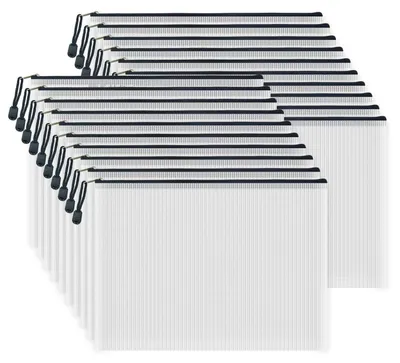Immagine prodotto di Custodie per documenti A4 con cerniera, confezione da 20 pezzi, realizzate in rete e PVC, impermeabili, dimensioni 34 x 23,9 cm
