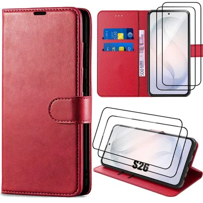 Image de Coque + 2 Verres Trempés pour Samsung Galaxy S26, Protection Rabat Anti-Rayures Antichoc Synthécuir Rouge