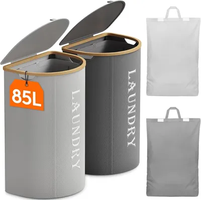 Imagen del producto de Cesta de ropa de 170 litros con tapa, en color gris y gris plateado, color gris