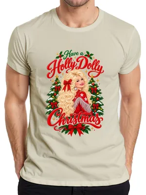 Productafbeelding van "Holly Dolly Christmas" T-shirt voor heren, met afbeelding van de countryzangeres, in de kleur naturel, maat L