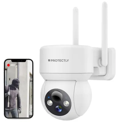 Produktbild von Protectly® 2K Überwachungskamera kabellos – Akku WLAN Kamera außen/innen, Nachtsicht, Zwei-Wege-Audio, 64GB SD & IP66