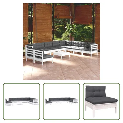 Produktbild von The Living Store 11-tlg. Garten-Lounge-Set mit Kissen Weiß Massivholz Kiefer