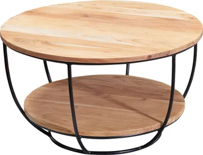 Runder Couchtisch Akazie Massivholz Metall Industrial Braun mit schwarzem Gestell und Ablage in Gesamtansicht.