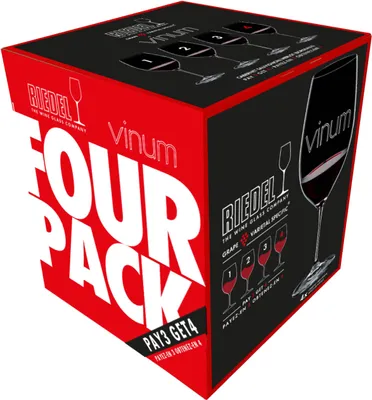 A product box for a Riedel Vinum four-pack of wine glasses.