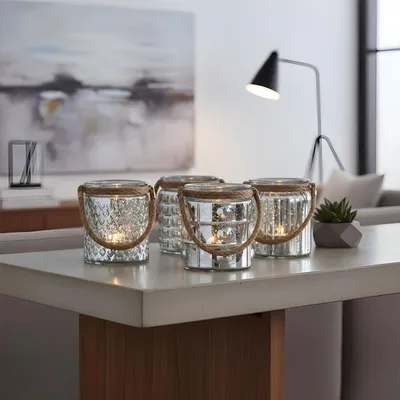 Produktbild von 4er Set Windlicht Glas Silber H10cm Teelichthalter Tischdeko Kerzen Deko Retro Kerzenhalter Flachs