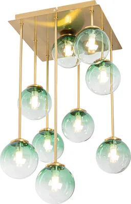 Produktbild von QAZQA - Art Deco Art-Deco-Deckenlampe Gold I Messing mit grünem Glas 9 Lichter - Athen I Wohnzimmer I Schlafzimmer - Stahl Quadratisch - LED geeignet G9