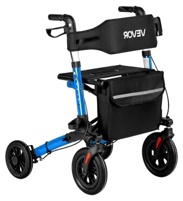 Produktbild von Faltbarer Rollator mit Sitz, leichter Gehwagen mit 4 Rädern, Gehhilfe bis 136 kg, Rückenlehne, Tasche und Gehstockhalter, höhenverstellbare Laufhilfe mit Feststellfunktion für Senioren, Blau
