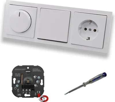 Produktbild von EBROM 1001 LED Drehdimmer Dimmer + Busch Jäger Dimmerscheibe 6540-84-102 + Kreuzschalter 2000/7US + Steckdose Kinderschutz 20EUCKS-84 Future Linear Studioweiß + EBROM Phasenprüfer z. Montage d. Geräte