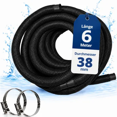 Produktbild von HAF Hochwertiger Pool Schwimmbadschlauch 38mm Schwarz 6 Meter | Poolschlauch für Garten & Schwimmbad | Solarschlauch + 2x Edelstahl Schlauchschellen