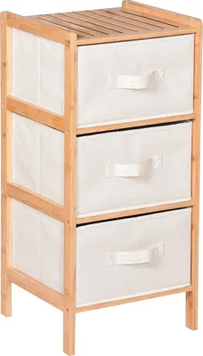 A three-drawer bamboo dresser with white fabric drawers.