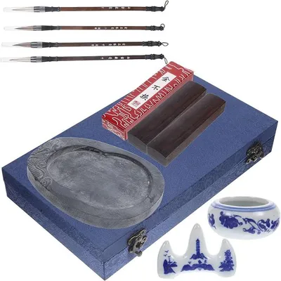 Imagen del producto de Juego de tinta para caligrafía, con un estuche de madera y pinceles de escritura para estudiantes
