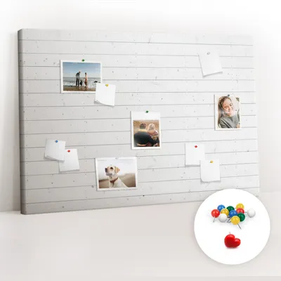 Imagen del producto de Tablero de corcho con chinchetas – Tablero con chinchetas para fotografías y notas – 120x80 cm – 100 chinchetas de colores – Diseño de paneles de madera