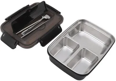 Image de Boîte à lunch Levende, 3 compartiments, en acier, récipient alimentaire portable avec cuillères et fourchettes, lavable, pour le bureau, l'école, le camping (noir)
