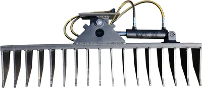 A heavy-duty hydraulic rake attachment for a mini excavator, shown against a white background.