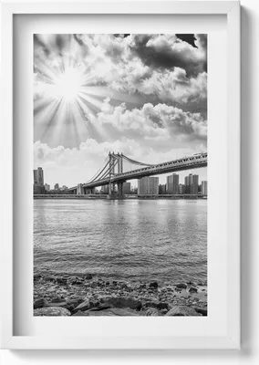 Produktbild von Schwarz-weiße Brooklyn Bridge in New York– Wandbild mit Rahmen – Gerahmtes Bild  – Wanddekoration – 40x60 cm – Weiß