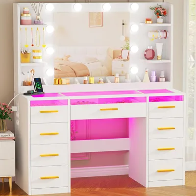 Obrázek produktu pro Kosmetický stolek se zrcadlem – Toaletní stolek s osvětlením – Organizér na šperky – Nastavitelné LED osvětlení – 105 x 40 x 140 cm – Bílá barva