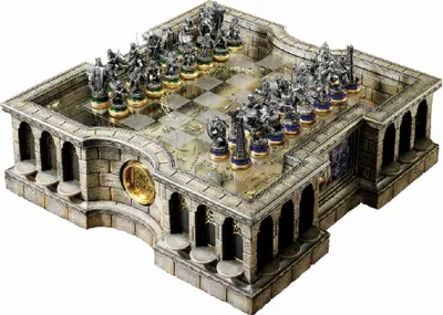 A detailed, ornate chess set with intricately designed pieces and a stone-like board structure.