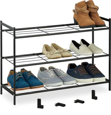 Produktbild von Relaxdays Metall Schuhregal, 3 Ebenen, erweiterbar, Flur Schuhgestell HBT 50 x 70 x 26 cm, 9 Paar Schuhe, offen, schwarz
