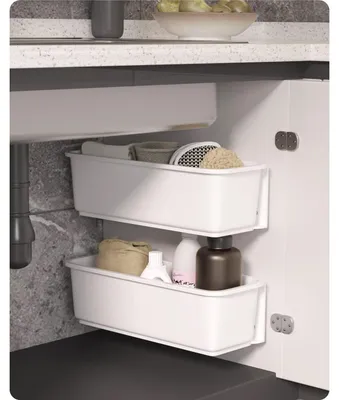 Obrázek produktu pro Výsuvný organizér do kuchyňské zásuvky - Výsuvný koš - 2 ks - Bílá - Nástěnná montáž - Pro kuchyni a koupelnu