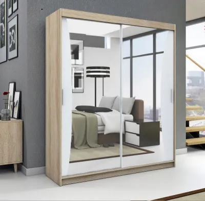 Produktbild von Schwebetürenschrank, 2-türig Schrank mit Spiegel! Moderne Garderobe für Kleidung. Verschiedene Farben (Weiß, Schwarz, Somona) Kleiderschrank NIKO 180 cm