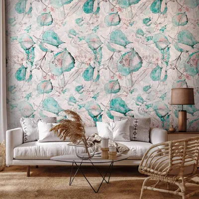 Produktbild von Selbstklebende Folie Fototapete - Autumn souvenirs - floral pattern with turquoise leaves 392x280 cm Blätter b-A-10150-a-a