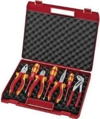 A red tool case with various tools inside, including pliers and screwdrivers.