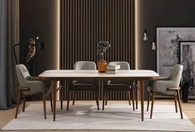 Immagine prodotto di Mobili per la sala da pranzo Tavolo in legno sedie imbottite di design Piedi in legno 7pc set