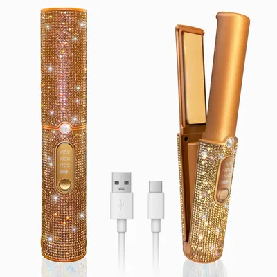 Produktbild von ZELURXX Kabellose Haarglättungsbürste mit 3 Temperaturstufen, USB-C aufladbar, tragbares Design für glatte oder lockige Haare, Gold